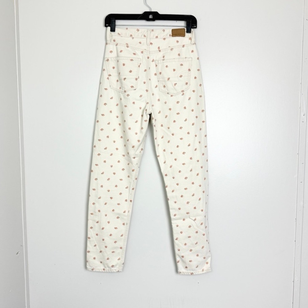 American Eagle Women's Floral Print Beige Hi Rise Denim Mom Jeans Size 0